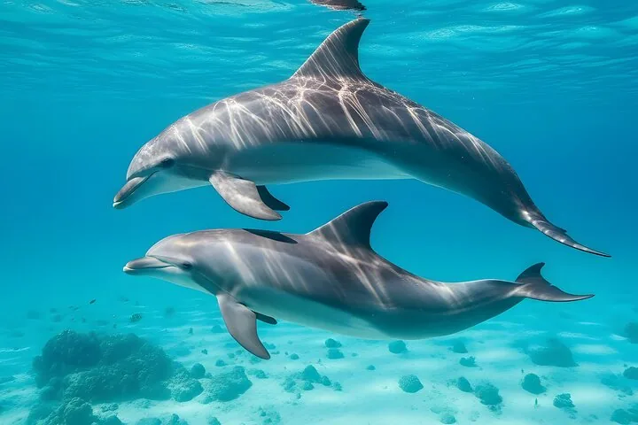 Two dolphins swimming together gracefully in bright blue underwater environment.